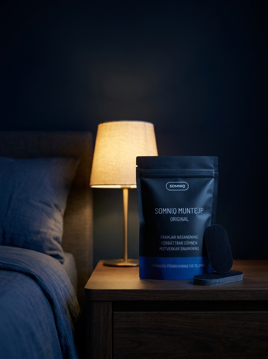 vart förpackning med Somniq Muntejp Original och lösa muntejp på ett nattduksbord i ett mörkt sovrum Bildtext: Somniq Muntejp Original, 30 tejp per förpackning. Främjar näsandning, förbättrar sömnen och motverkar snarkning. Beskrivning: Somniq Muntejp Original i svart förpackning på ett nattduksbord bredvid en säng med mörkblått linne. Muntejpen håller munnen stängd under natten så att näsandningen tar över. CE-märkt, skickas från svenskt lager.
